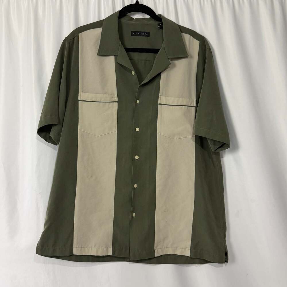 Via Europa Mens Large Olive Green Retro Bowling Shirt Y2K
